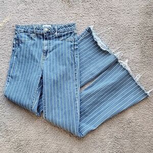 Cello Flared Jeans Junior 7 Blue Striped Raw Hem High Rise Boho Hippie Retro 70s